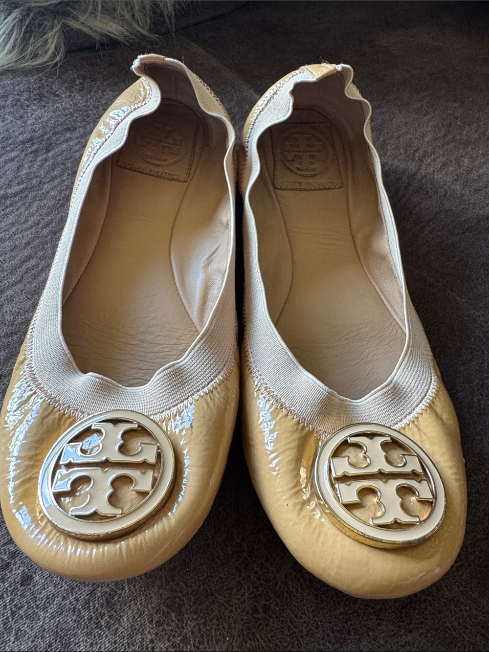 Tory Burch Yellow Patent Leather Logo Ballet Flats